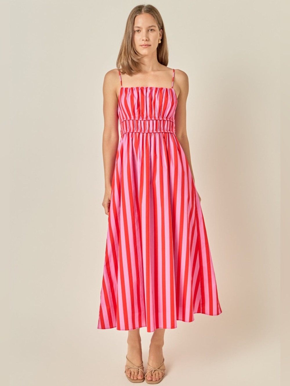 NWT English Factory STRIPED SMOCKED WAIST red/pink MAXI DRESS - size extra small
